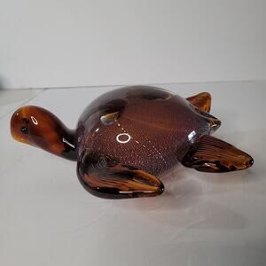 Charming Heavy Brown Glass Turtle Figurine - Textured Decor 8x7 inches